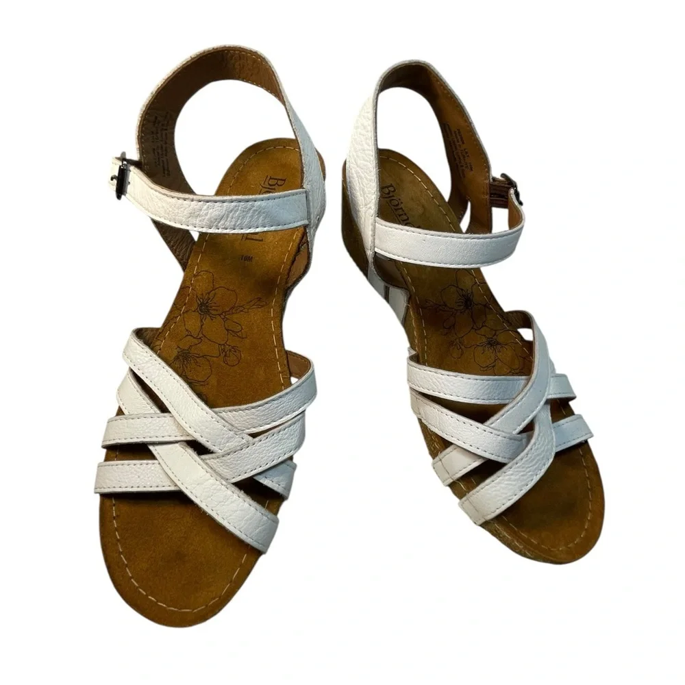 Bjorndal Lily White Leather Strap Ankle Buckle Wedge Sandals Womens Size 10M
